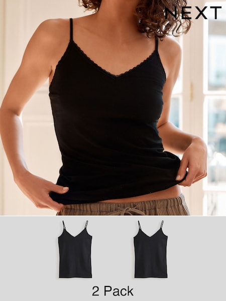 Black Cotton Lace Trim Strappy Vests 2 Pack (E10431) | £15