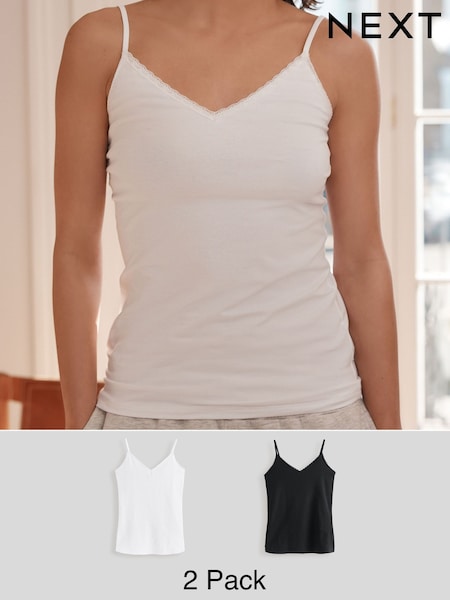 Black/White Cotton Lace Trim Strappy Vests 2 Pack (E10432) | £15
