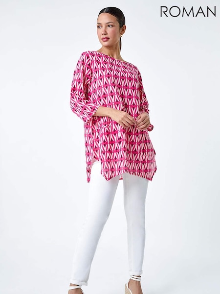 Roman Pink Geometric Pocket Detail Longline 100% Cotton Top (E10497) | £32