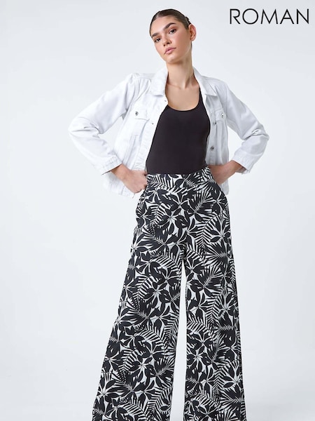 Roman Black Leaf Linen Blend Wide Leg Trousers (E10528) | £32