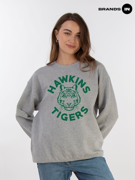Brands In Grey Netflix Stranger Things Hawkins Tigers Women Heather Sweatshirt (E11459) | £36