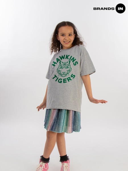 Brands In Grey 100% Cotton Netflix Stranger Things Hawkins Tigers Girls Heather T-Shirt (E11464) | £20