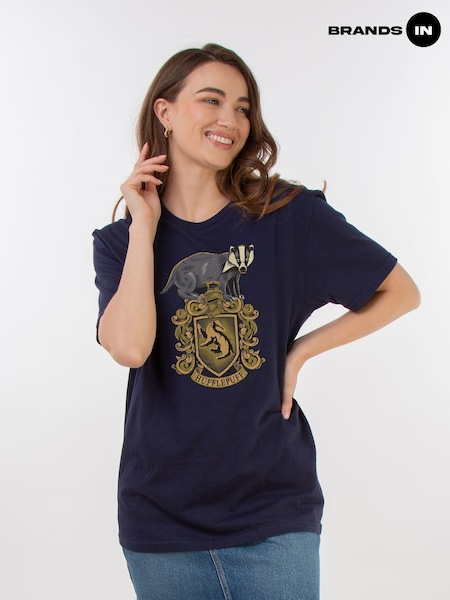 Brands In Blue Women Boyfriend Fit Harry Potter Hufflepuff Sketch Crest 100% Cotton T-Shirt (E11496) | £25