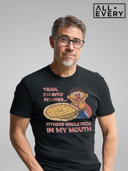 All + Every Black Sesame Street Fitness Pizza Mens 100% Cotton T-Shirt (E11518) | £32