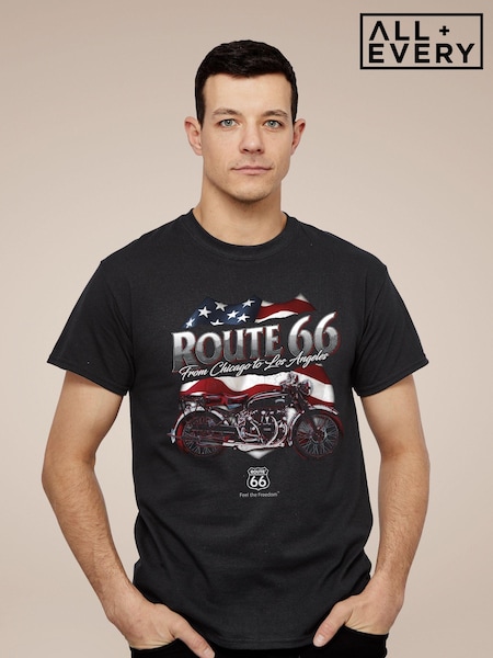 All + Every Black Route 66 US Flag & Motorcycle Mens 100% Cotton T-Shirt (E11525) | £23