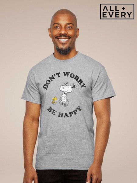All + Every Grey Peanuts Snoopy And Woodstock Running Dont Worry Be Happy Mens T-Shirt (E11539) | £23