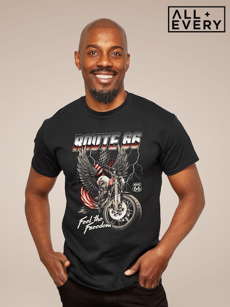 All + Every Black Route 66 Eagle Feel The Freedom Mens 100% Cotton T-Shirt (E11548) | £23