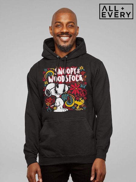 All + Every Black Peanuts 70s Floral Snoopy And Woodstock Men's Hoodie (E11568) | £40