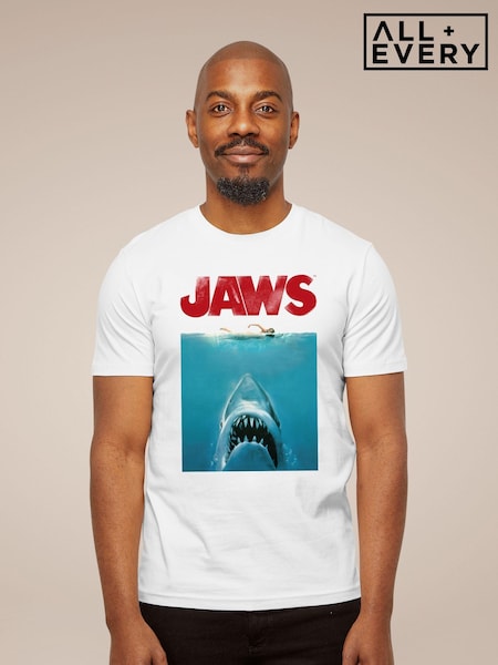 All + Every White Mens 100% Cotton Jaws Classic Poster T-Shirt (E11576) | £23