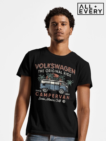 All + Every Black Mens 100% Cotton Official Volkswagen The Original Ride Campervan T-Shirt (E11583) | £23