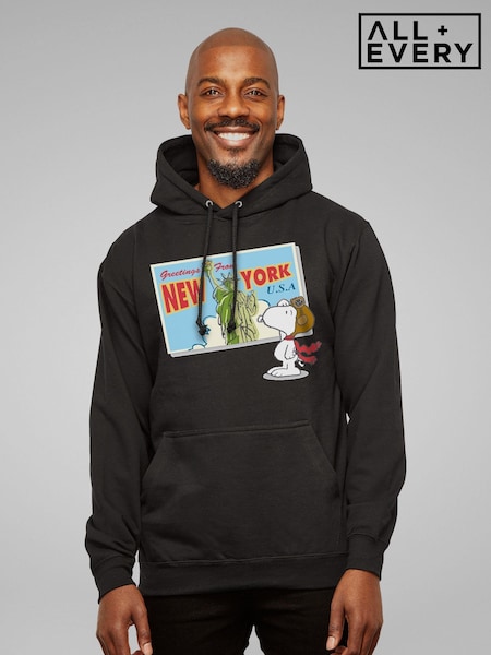 All + Every Black Peanuts Snoopy New York Postcard Design Mens Hooded Sweatshirt (E11609) | £40