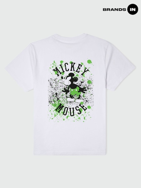 Brands In White Men Mickey Mouse Lime Splatter Disney 100% Cotton T-Shirt (E11621) | £25