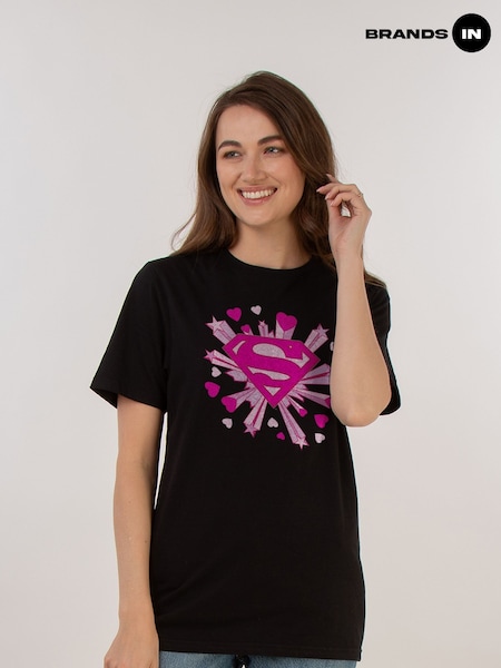 Brands In Black Boyfriend Fit Superman Pink Hearts & Stars Logo Womens 100% Cotton T-Shirt (E11639) | £25
