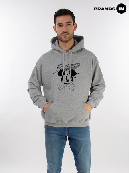 Brands In Grey 100% Cotton Mickey Mouse Funny Face Men Heather Disney Hoodie (E11642) | £41