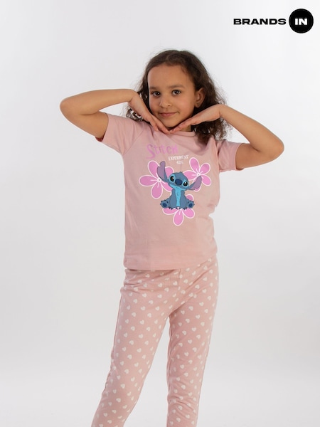 Brands In Pink Lilo And Stitch Flowers Girls Baby Hearts 100% Cotton Pyjamas (E11853) | £22
