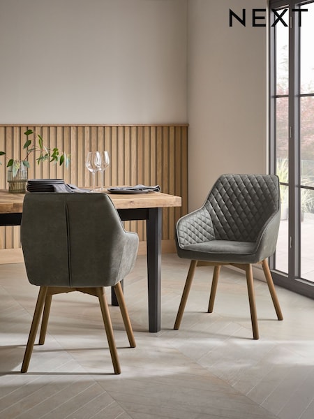 Set of 2 Monza Faux Leather Dark Grey Hamilton Dark Wood Leg Quilted Dining Chairs (E12095) | £360