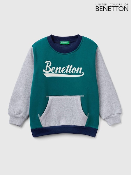 Benetton Grey Crewneck Brushed 100% Cotton Fleece Sweatshirt Ribbed Neck Cuffs (E12509) | £18