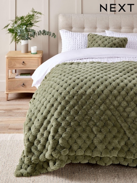 Sage Green Luna Scalloped Plush Faux Fur Throw (E12602) | £60 - £100