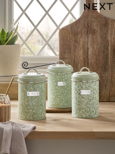Set of 3 Sage Green Cordelia Ditsy Floral Storage Tins (E12743) | £26