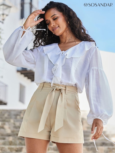 Sosandar White Ruffle Detail 100% Cotton Blouse (E13600) | £49