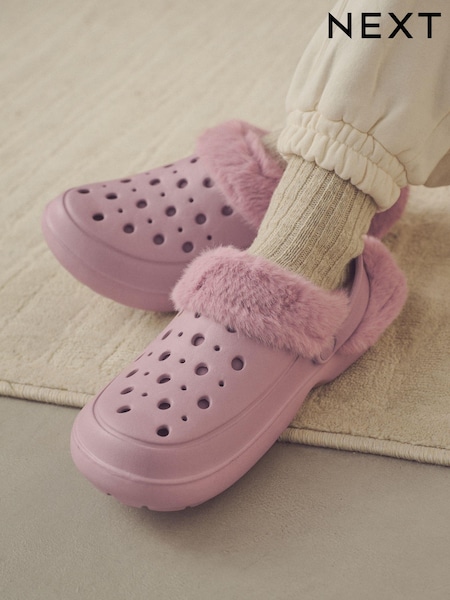 Pink Womens Faux Fur Lined Clogs Slippers (E13765) | £18