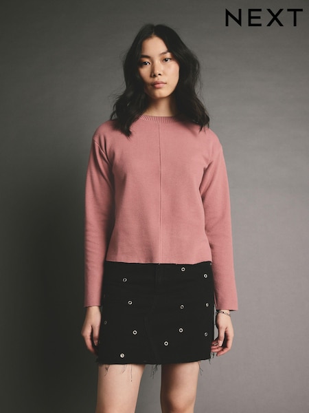 Blush Pink Cosy Soft Touch Rib Seam Detail Crew Neck Jumper (E14012) | £26