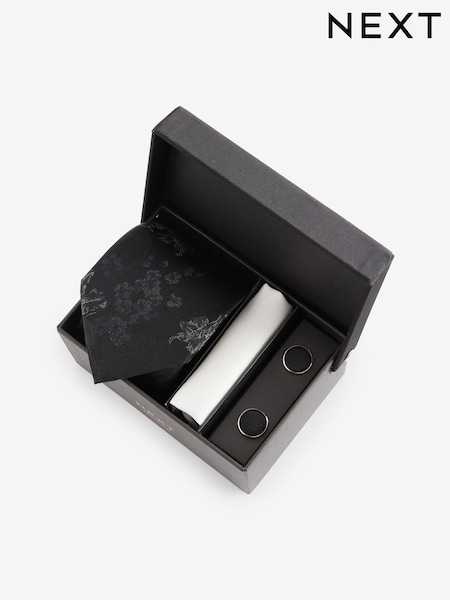 Black Floral Silk Tie, Pocket Square and Cufflinks Gift Box Set (E14084) | £40