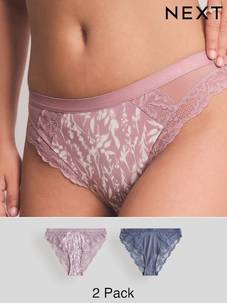Mauve Pink Print/ Blue Lace Trim High Leg Knickers 2 Pack (E14297) | £20