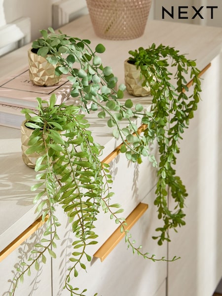 Green Artificial Trailing Plants In Mini Gold Hex Pots (E14373) | £24