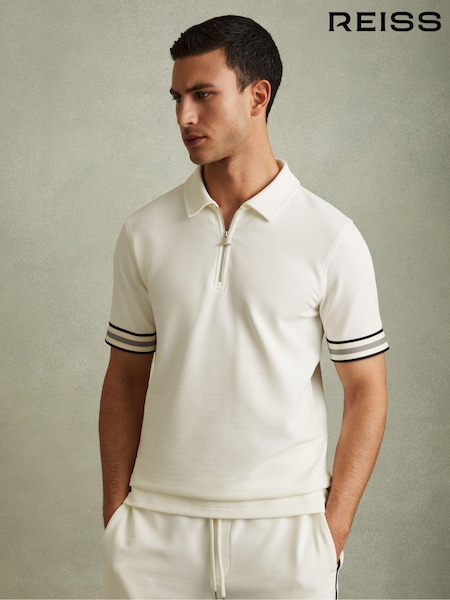 Reiss Off White Bristol Textured Contrast Trim Half-Zip Polo Shirt (E14403) | £78