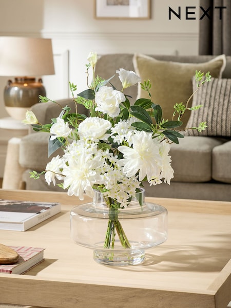 White Artifical Floral Arrangement in Glass Vase (E14624) | £55