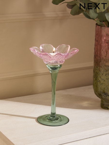 Pink/Green Glass Flower Tea Light Holder (E14658) | £16