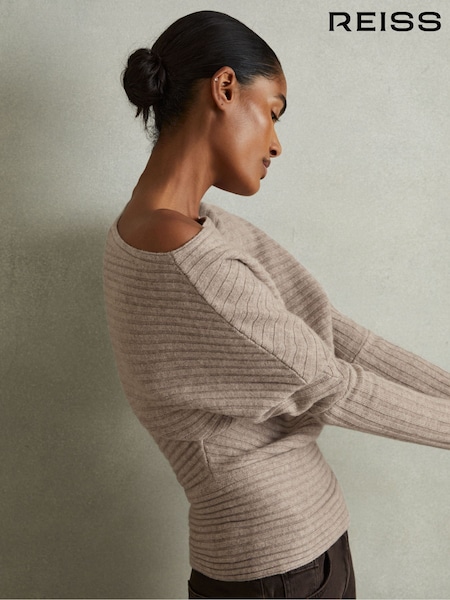 Reiss Neutral Nelly Wool-Cashmere Off-The-Shoulder Draped Jumper (E14727) | £44