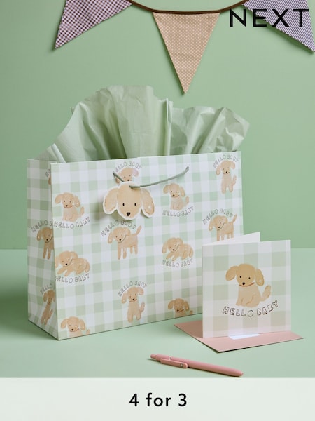 Sage Green Charlie Dog Baby Gift Bag and Card Set (E14975) | £4