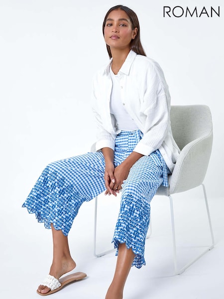 Roman Blue Gingham 100% Cotton Broderie Cropped Trousers (E15507) | £32