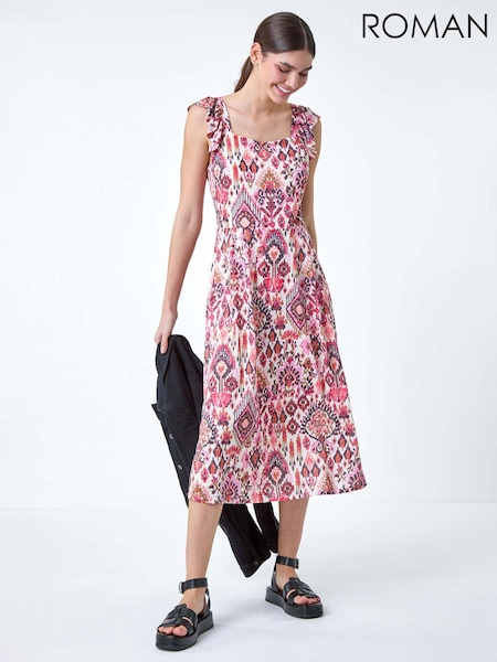 Roman Pink Aztec Style Print Burnout Frill Dress (E15516) | £45