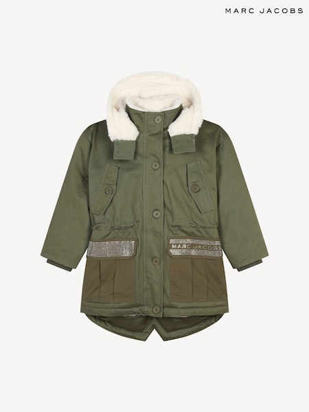 Marc Jacobs Green Hooded Parka Coat With Diamante Logo (E15602) | £225 - £265