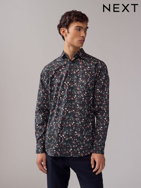 Navy Jacobean Floral Slim Fit 100% Cotton Long Sleeve Print Shirt (E15755) | £38