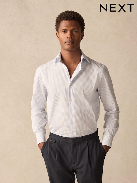 Blue Mini Grid Check Regular Fit 100% Cotton Long Sleeve Shirt (E15765) | £38