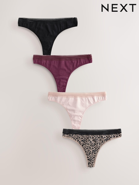 Print/Plain Thong Geo Lace Trim Knickers 4 Pack (E15963) | £14