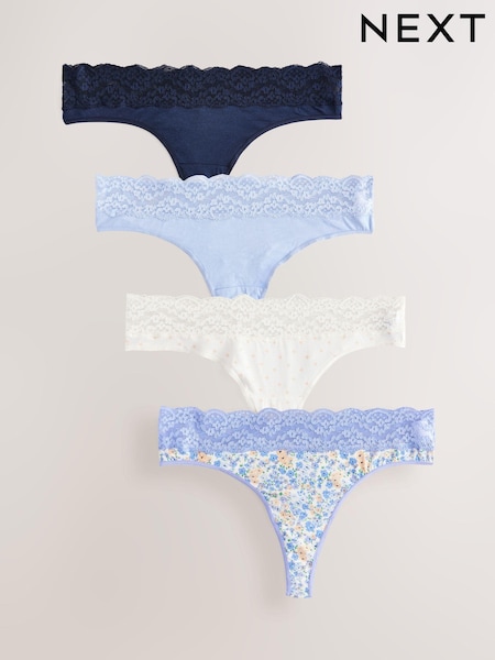 Blue Ditsy Thong Lace Knickers 4 Pack (E15969) | £15