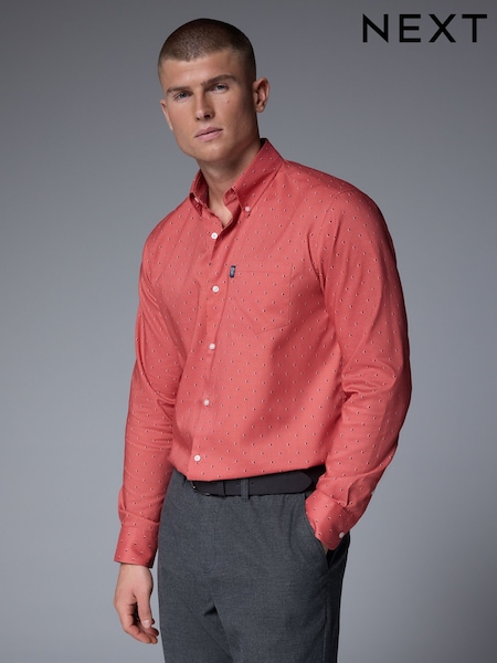 Coral Pink Dot Regular Fit Easy Iron Button Down Oxford Shirt (E16055) | £25