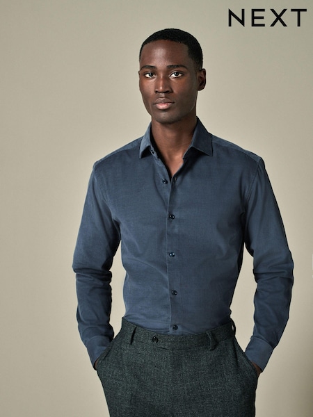 Slate Grey Regular Fit 100% Cotton Corduroy Shirt with Cutaway Collar (E16071) | £38