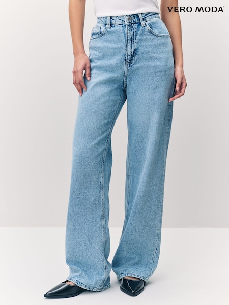 VERO MODA Blue Denim High Waist Full Length Wide Leg Jeans (E16123) | £48