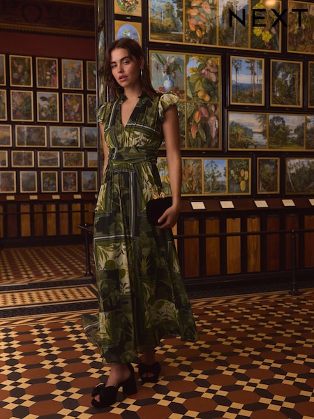 Green Floral Pleated Mesh Print V-Neck Occasion Midi Dress (E16382) | £30