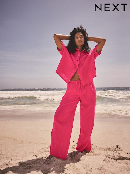 Bright Pink Wide Leg Textured Co-ord Trousers with Linen (E16784) | £26