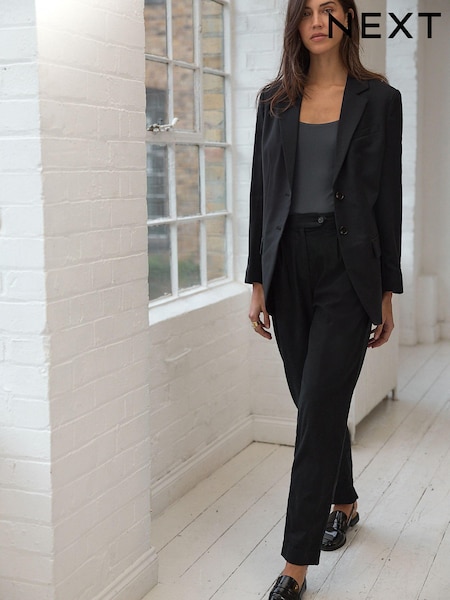 Black Stay Smart Barrel Leg Linen Rich Trousers (E16792) | £34