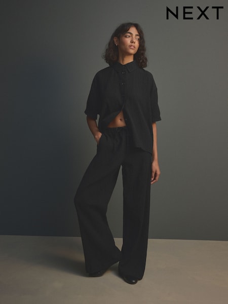 Black Wide Leg Textured Co-ord Trousers with Linen (E16798) | £26