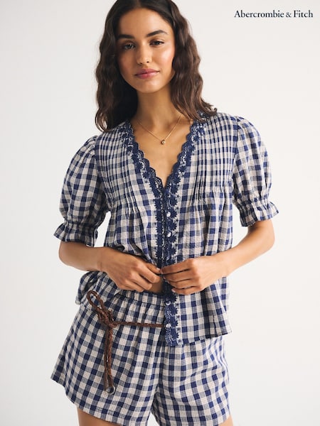Blue - Abercrombie & Fitch Seersucker Check Square Neck Blouse