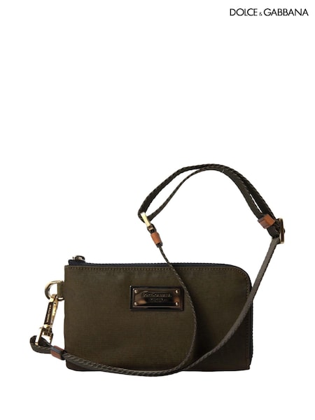 Dolce & Gabbana Green Mixed Material Pouch Bag with Gold Plaque Detailing (E17041) | £545
